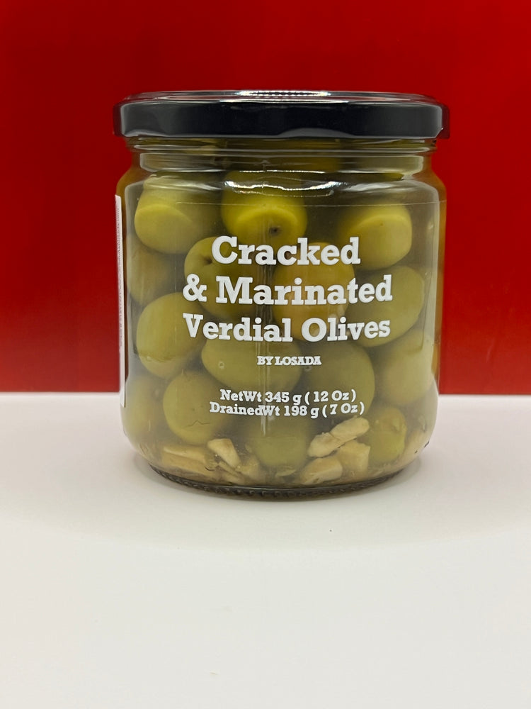 CRACKED AND MARINATED VERDIAL OLIVES by LOSADA. 12oz glass jar.