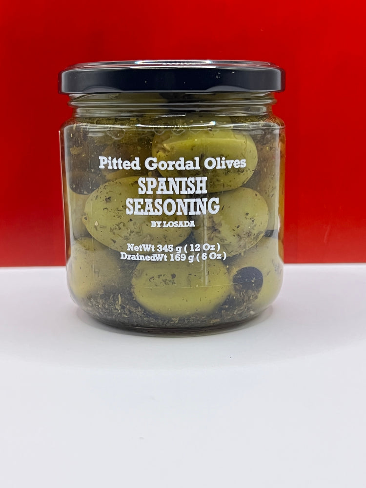 PITTED GORDAL OLIVES WITH HERBS by LOSADA. 12oz glass jar.